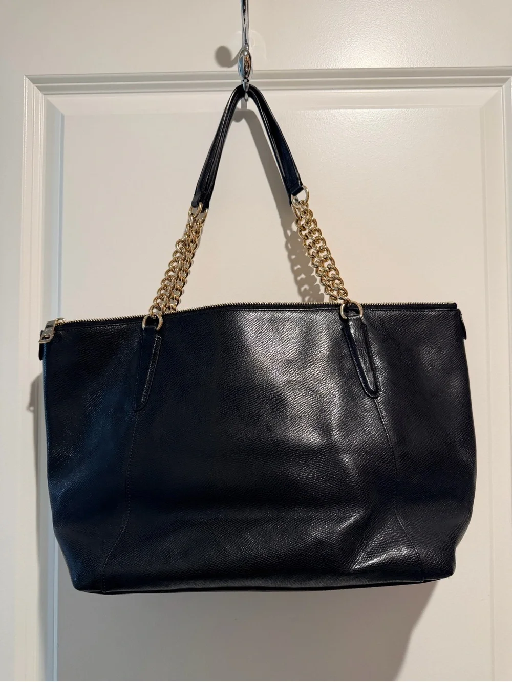 Coach Black Leather Tote with Gold Chain Strap - Picture 2 of 4